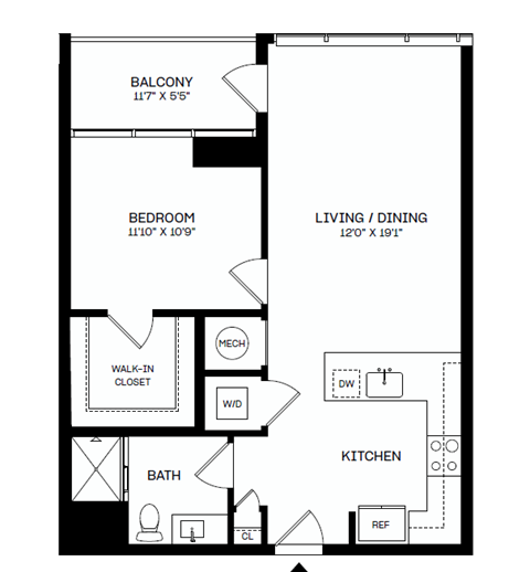 Floor plan for 1 bed, 1 bath, 723 sqft